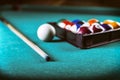 Billiards balls and cue on pool billiard table. Billiard sport concept. Royalty Free Stock Photo