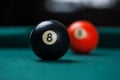 Billiards balls and cue on billiards table. Billiard sport concept Royalty Free Stock Photo