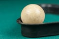 Billiards balls and cue on billiards table. Billiard sport concept