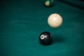 Billiards balls and cue on billiards table. Billiard sport concept