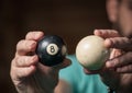 Billiards balls and cue on billiards table. Billiard sport concept