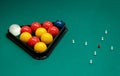 Billiards balls and pins on table Royalty Free Stock Photo