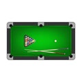 Billiards balls, triangle and two cues on a pool table. Vector illustration. Royalty Free Stock Photo