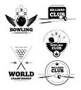 Billiards emblems and bowling vector labels, emblem badges set