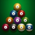 Billiards, full set of billiard balls isolated on a green background. Snooker. illustration Royalty Free Stock Photo