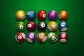 Billiards, full set of billiard balls isolated on a green background. Snooker. illustration Royalty Free Stock Photo