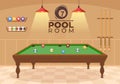 Billiards Game Hand Drawn Cartoon Flat Background Illustration with Pool Room with Stick and Billiard Balls in Sports Club