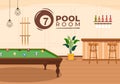 Billiards Game Hand Drawn Cartoon Flat Background Illustration with Pool Room with Stick and Billiard Balls in Sports Club