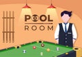 Billiards Game Hand Drawn Cartoon Flat Illustration with Player Pool Room with Stick, Cue Aiming at Billiard Balls in Sports Club