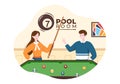 Billiards Game Hand Drawn Cartoon Flat Illustration with Player Pool Room with Stick, Cue Aiming at Billiard Balls in Sports Club