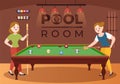 Billiards Game Hand Drawn Cartoon Flat Illustration with Player Pool Room with Stick, Cue Aiming at Billiard Balls in Sports Club