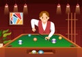 Billiards Game Illustration with Player Pool Room with Stick, Table and Billiard Balls in Sports Club in Flat Cartoon Hand Drawn