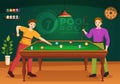 Billiards Game Illustration with Player Pool Room with Stick, Table and Billiard Balls in Sports Club in Flat Cartoon Hand Drawn