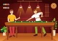 Billiards Game Illustration with Player Pool Room with Stick, Table and Billiard Balls in Sports Club in Flat Cartoon Hand Drawn