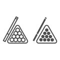 Billiards line and glyph icon. Pool cue and balls vector illustration isolated on white. Play outline style design