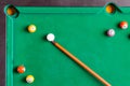 Billiard colorful balls with wooden cue on green table. Snooker, Pool game. Top view. Royalty Free Stock Photo