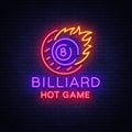 Billiards neon sign. Billiard Hot game logo in neon style, light banner, design template emblem night billiard, bright