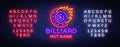 Billiards neon sign. Billiard Hot game logo in neon style, light banner, design template emblem night billiard, bright