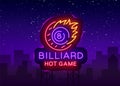 Billiards neon sign. Billiard Hot game logo in neon style, light banner, design template emblem night billiard, bright
