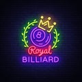 Billiards neon sign. Royal Billiards logo in neon style, light banner, design template emblem night billiard, bright