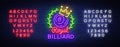 Billiards neon sign. Royal Billiards logo in neon style, light banner, design template emblem night billiard, bright