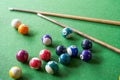 Billiards and pool cues on the pool table