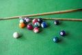 Billiards and pool cues on the pool table