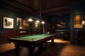 Billiards Room: Capture a set of images that showcase a sophisticated, upscale billiards room. Generative AI