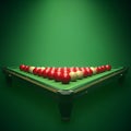 Billiards snooker balls arranged on a green table for game