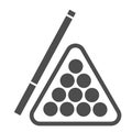 Billiards solid icon. Pool cue and balls vector illustration isolated on white. Play glyph style design, designed for