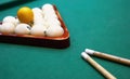 Billiards. Top view of billiard balls and cues Royalty Free Stock Photo