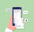 Billing check online, bills checking and paycheck receipts mobile notification. Smartphone receipt bill. Royalty Free Stock Photo