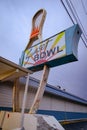 Morning view of the Sunset Bowl bowling alley sign