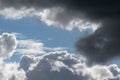 Billowing grey white clouds with blue sky. Stormy weather. Royalty Free Stock Photo