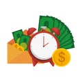Bills dollars and coins in envelope with alarm clock Royalty Free Stock Photo