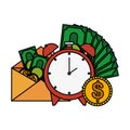 Bills dollars and coins in envelope with alarm clock Royalty Free Stock Photo