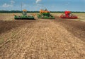 Bilogirya, Khmelnytsky region, UKRAINE - August 19, 2021: tractors with seeder at the demonstration of agricultural machinery,