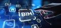 BIM Building Information Modeling for Construction Efficiency, projection on a virtual screen, Business and Technology Concept