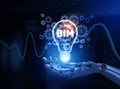 BIM Building Information Modeling Illustrated with a Robot Hand Pressing a Button on a Virtual Screen. 3D render
