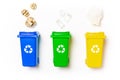 Bin collection. Yellow, green, blue dustbin for recycle plastic, paper and glass can trash isolated on white background. Container Royalty Free Stock Photo