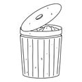 Bin with garbage. Hand drawn doodle style. Vector illustration isolated on white. Coloring page.