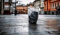 Bin for garbage with a plastic bag on the street. Litterbin on the pavement of a beautiful city. Low angle view. Generative AI Royalty Free Stock Photo