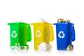 Bin icon. Container for disposal garbage waste and save environment. Yellow, green, blue dustbin for recycle plastic, paper and Royalty Free Stock Photo