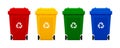 Bin plastic, four colorful recycle bins isolated on white background, red, yellow, green and blue bins with recycle waste symbol