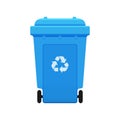 Bin, Recycle plastic blue wheelie bin for waste isolated on white background, Blue bin with recycle waste symbol, Front view