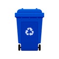 Bin, Recycle plastic blue wheelie bin for waste isolated on white background, Blue bin with recycle waste symbol, Front view of Royalty Free Stock Photo