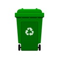 Bin, Recycle plastic green wheelie bin for waste isolated on white background, Green bin with recycle waste symbol, Front view bin