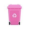 Bin, Recycle plastic pink wheelie bin for waste isolated on white background, Pink bin with recycle waste symbol, Front view