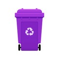 Bin, Recycle plastic purple wheelie bin for waste isolated on white background, Purple bin with recycle waste symbol, Front view