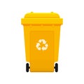 Bin, Recycle plastic yellow wheelie bin for waste isolated on white background, Yellow bin with recycle waste symbol, Front view